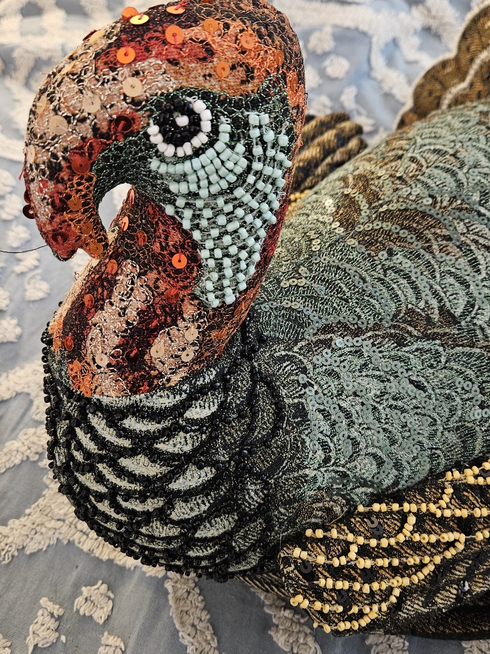 John Derian Turkey Pillow Beaded Decorative Bird Pillow - Green, Brown, Gold - Picture 3 of 5